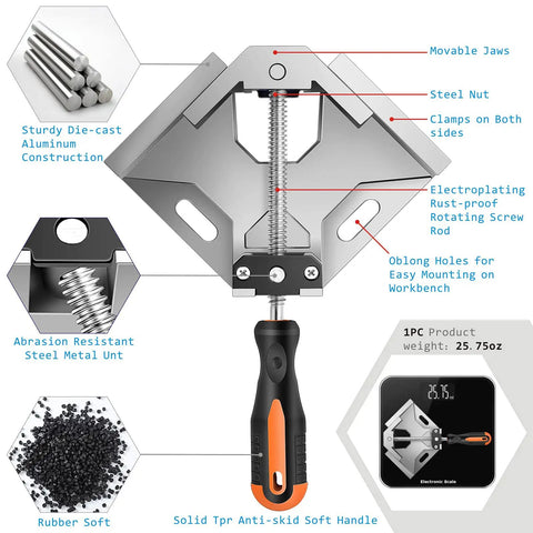 Beefy Right Angle Woodworking Clamp For Jigs And Cabinet Frames 90 Degree Corner Clamp, showing die-cast aluminum and anti-skid handle.