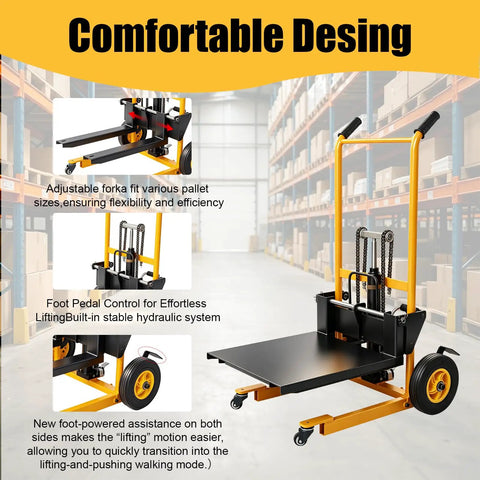 Heavy Duty Foldable Hydraulic Material Lift Stacker 450 Lb Portable Pallet Truck With Swivel Casters Adjustable Forks Warehouse Cart Built Legit To Handle Massive Loads Zero Sweat Everyday