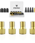 Brass Presta Valve Adapters Kit 4 Pack With 8 Caps Converts Presta To Schrader For Easy Inflation With Standard Pumps Or Air Compressors For Bike Tires. Image shows four brass adapters with caps.