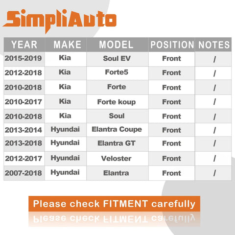 Compatibility chart for Two Pack Beefed-Up 510093 Front Wheel Hub Bearing for Hyundai and Kia models 2007-2019.