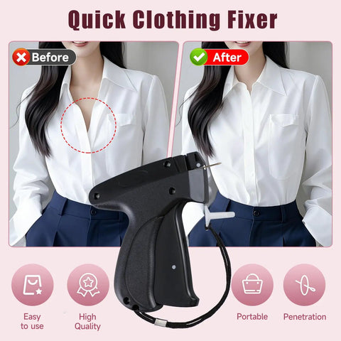 DIY Quick Stitch Sewing Gun Kit With 6 Mini Needles And 4000 Fasteners shown fixing shirt collar