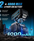 Two 4000 mAh lithium-ion batteries for Cordless Half Inch Impact Wrench With 1600 Newton Meters Torque Brushless High Torque Pro Grade Power Tool 21V 3800 RPM Includes Two 4Ah Batteries Great For Cars Trucks RVs And Mowers with protection features shown