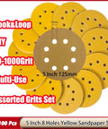 Premium 5 Inch Dry Sanding Discs With Hook Loop System Featuring Durable Aluminum Oxide Abrasive Paper For Smooth Woodwork And Metal Finishing Jobs Including Rotary Tool Use With Eight Holes For Amazing Dust Extraction Efficiency And Easy Attachment.