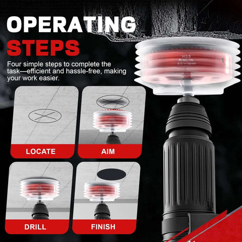 Front view: Doaho 6-1/4in bi-metal hole saw with dust bowl on drill for recessed LED lighting, wood and plastic.