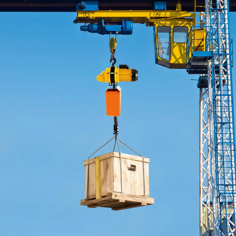 Heavy Duty 2200 Lbs Electric Chain Hoist With Single Phase Power Pulling Loads High Up To 10 Feet Fast And Smooth Overhead Crane System lifting a wooden crate.