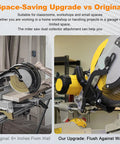 Comparison of original and upgraded miter saw with Improved Miter Saw Dust Collection Adapter With Five-In-One Vacuum Connector.