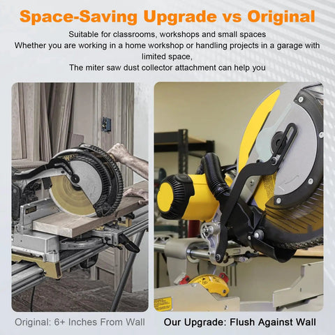 Comparison of original and upgraded miter saw with Improved Miter Saw Dust Collection Adapter With Five-In-One Vacuum Connector.