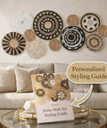 11 Piece Retro Boho Wall Basket Decor Set With Black And Natural Woven Baskets For Living Room Bedroom And Kitchen Rustic Farmhouse Wall Art Handmade Hanging Basket Display shown above a sofa with a styling guide on the table.