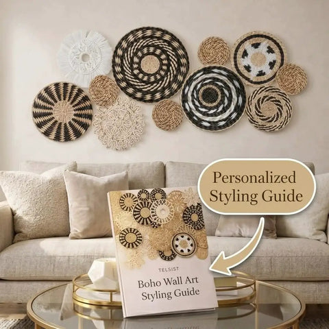 11 Piece Retro Boho Wall Basket Decor Set With Black And Natural Woven Baskets For Living Room Bedroom And Kitchen Rustic Farmhouse Wall Art Handmade Hanging Basket Display shown above a sofa with a styling guide on the table.