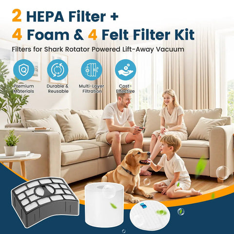 Family with pet on sofa, Replacement Vacuum Filters For Rotator Powered LiftAway Series Cleaners Fits NV650 NV650W NV651 NV652 image