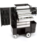 Heavy Duty Utility Cart With Rolling Storage Organizer For Maintenance Crews Includes Power Drill But No Hand Tools Industrial Grade mobile cart with compartments and black steel frame.