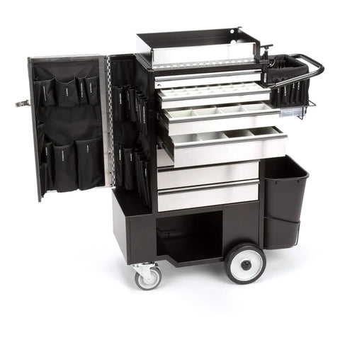Heavy Duty Utility Cart With Rolling Storage Organizer For Maintenance Crews Includes Power Drill But No Hand Tools Industrial Grade mobile cart with compartments and black steel frame.