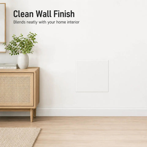 Easy Glide Fit Adjustable Spring Loaded Access Panel For Drywall Ceilings White Wall Hole Cover Plate on clean wall finish.