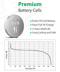 Premium CR1220 3 Volt Lithium Button Coin Cell Battery High Capacity Grade A Cells with discharge graph and features.