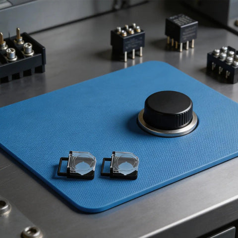Close-up of 2 Pack Push Button Switch Guard 22mm 0.87 Inch Waterproof Dustproof Safety Cap Protector on blue surface