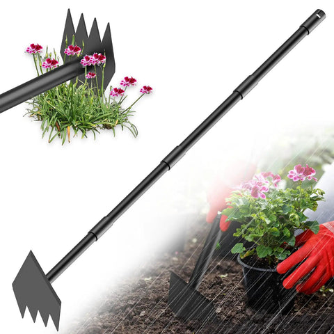 Two In One Weed Puller And Garden Hoe With A 60 Inch Long Handle Heavy Duty Stainless Steel Triangle Hoe for weeding in garden.
