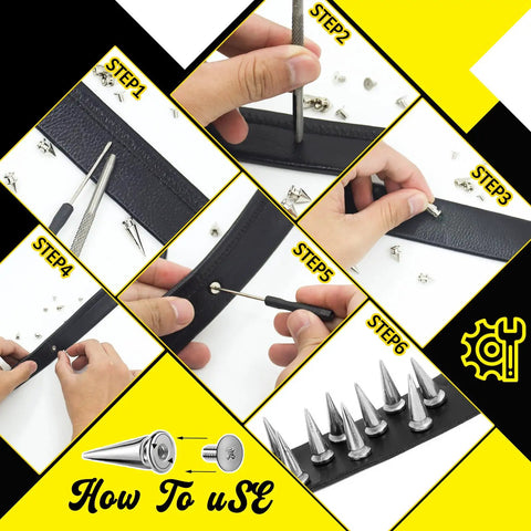 Guide to install 354 Piece Punk Spikes And Studs Kit In 8 Sizes For Leather Crafting on a belt, using metal cone spikes and rivets.