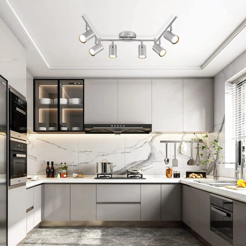 Dope 6 Light Brushed Nickel Ceiling Track Lighting Fixture Kit With Adjustable GU10 Heads installed in modern kitchen