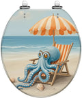 Toilet Seat Round Resin for Bathroom featuring a beach-themed octopus design with chair and umbrella.