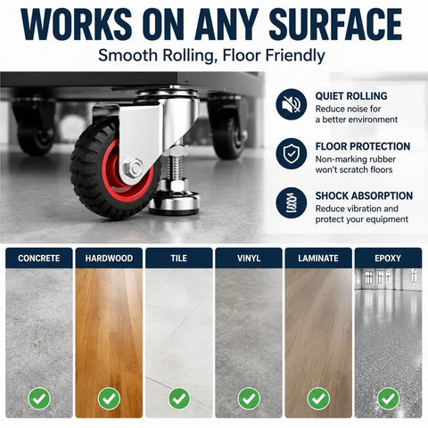 Heavy Duty 3 Inch Leveling Caster Wheels Set Of 4 Rated For 1600 Lbs showing smooth rolling non-marking rubber on various floor surfaces.