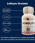 Monolith Lithium Orotate Nootropic Supplement For Mood, Neural Health And Cognition 135 Mg Per Tablet, 100 Tablets bottle.