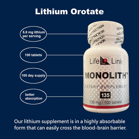 Monolith Lithium Orotate Nootropic Supplement For Mood, Neural Health And Cognition 135 Mg Per Tablet, 100 Tablets bottle.