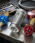 JurwheeR AC Oil Filter Kit With Visual Coolant Inspection Tool And Transparent Tube For Easy Sludge Check, including blue and red valves.