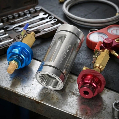 JurwheeR AC Oil Filter Kit With Visual Coolant Inspection Tool And Transparent Tube For Easy Sludge Check, including blue and red valves.