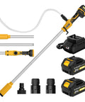Heavy Duty Cordless Stick Transfer Pump Battery Powered For Tight Spots With 3 Section Detachable Tube and accessories including batteries and charger.