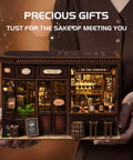Cozy Corner Tavern Book Nook Kit With LED Lights For Adults DIY Miniature Dollhouse Puzzle in 3D Wood Craft on display.