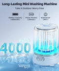 Compact Portable Mini Washing Machine With Quick Spin Dry Function And Rechargeable Battery Legit Setup For Crushing Grime On Underwear And Baby Clothes Zero Fuss Pick For Dorms Or Rv Travel Blue displaying 4000mAh battery capacity.