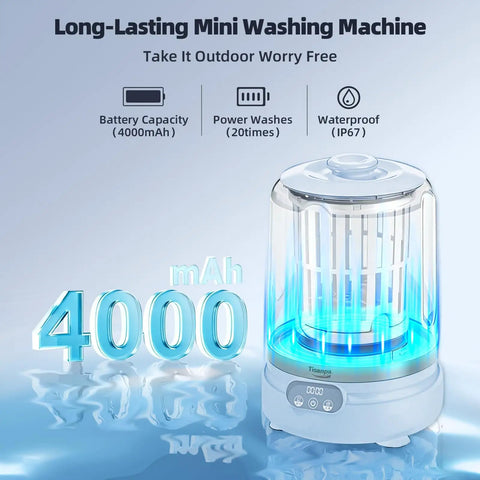 Compact Portable Mini Washing Machine With Quick Spin Dry Function And Rechargeable Battery Legit Setup For Crushing Grime On Underwear And Baby Clothes Zero Fuss Pick For Dorms Or Rv Travel Blue displaying 4000mAh battery capacity.