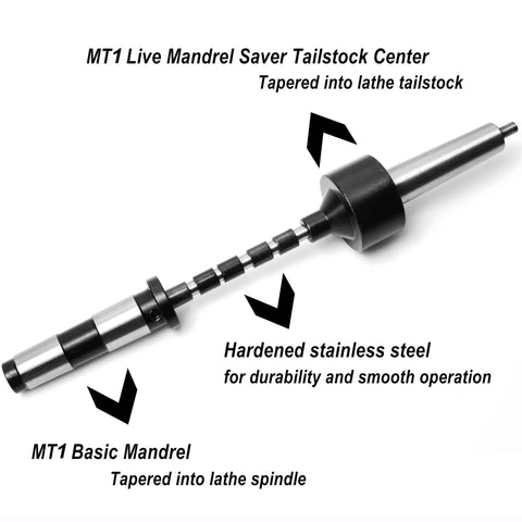 Pen Mandrel Kit For MT1 Taper Woodturning Lathes With Five Bushes, 7mm Drill Bit And Mandrel Saver shown on white background