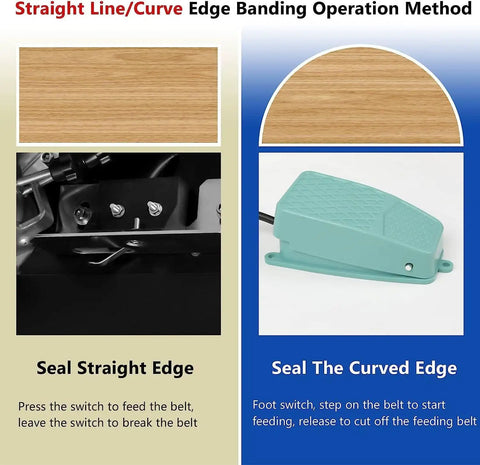 Portable Edge Bander and Curve Straight Edge Banding Machine for Woodworking, 6-60mm, showing sealing straight and curved edges.