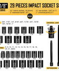 3/8 Inch Drive Impact Socket Set 29 Piece Shallow Socket Kit With SAE 3/8 To 1 Inch And Metric 8 To 22mm Includes Extensions