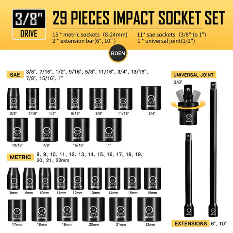 3/8 Inch Drive Impact Socket Set 29 Piece Shallow Socket Kit With SAE 3/8 To 1 Inch And Metric 8 To 22mm Includes Extensions