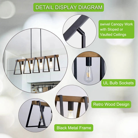 Four Light Kitchen Island Pendant Fixture, Dope Farmhouse Chandelier In Black And Warm Oak Finish detail diagram features.