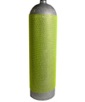 Yellow mesh sleeve on aluminum tank, part of Tank Protection Bundle Kit With Valve Cap Protector And Stretchy Mesh Sleeve For Aluminum Cylinders Yellow Scuba Diving Gear Shield Scratches And Valve Damage Prevention.