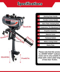 Specifications for 2 Stroke 3.5HP Outboard Boat Motor With Air Cooling CDI System 49cc Heavy Duty Marine Engine with diagram.