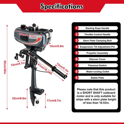 Specifications for 2 Stroke 3.5HP Outboard Boat Motor With Air Cooling CDI System 49cc Heavy Duty Marine Engine with diagram.