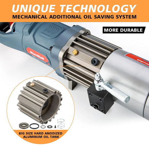 Centalla 5/8 Inch Electric Hydraulic Rebar Bender 1100W Pure Copper Motor showing oil saving system and aluminum oil tank.