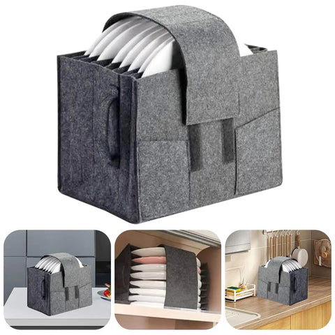 Road Ready Felt Plate Organizer And Campervan Cabinet Game Changer, Knockout Eight Slot Dinnerware Holder In Clean Gray with plates.