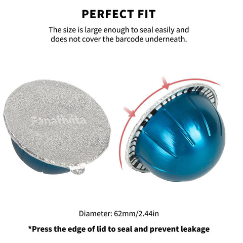 Universal Aluminum Foil Seal Lids For Nespresso Vertuo Pods, 62mm size shown sealing coffee pod with perfect fit.