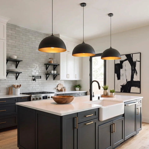 Esfos 11.8" Black and Gold Pendant Lights Kitchen Island, 3 Pack Chandelier over a modern kitchen island.