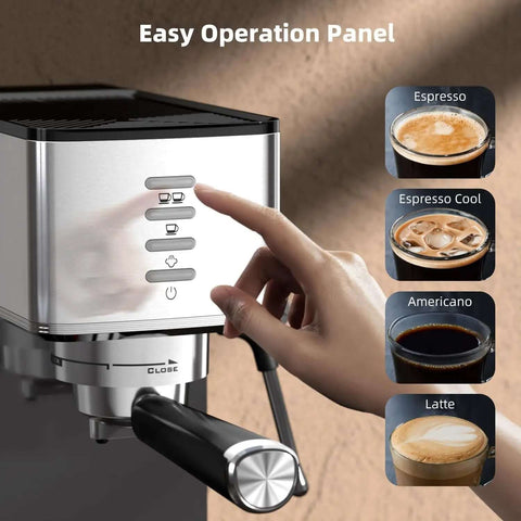 20 Bar Espresso Machine With Rapid Cold Brew Hot And Iced Coffee Maker Built In Steam Wand Touch Screen 37 Oz Water Tank Perfect For Lattes And Cappuccinos Great Gift For Coffee Lovers, showing user selecting options on touch screen panel