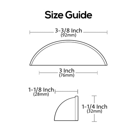 Size guide for 10 Pack Brushed Brass Cabinet Cup Pulls 3 Inch Center To Center Solid Metal Drawer Handles with dimensions.