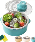 Electric Salad Spinner And Produce Washer To Wash And Spin Dry Leafy Greens Berries Or Fresh Veggies Fast With A Steady Non Slip Base That Makes Kitchen Cooking And Cleanup Totally Hassle Free In Blue filled with fresh veggies and fruits.