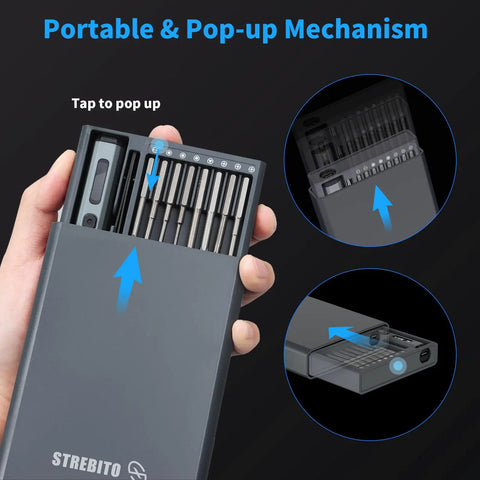 Hand holding Mini Electric Screwdriver Kit With 70 In 1 Bits, 64 S2 Precision Bits, pop-up design and portable case