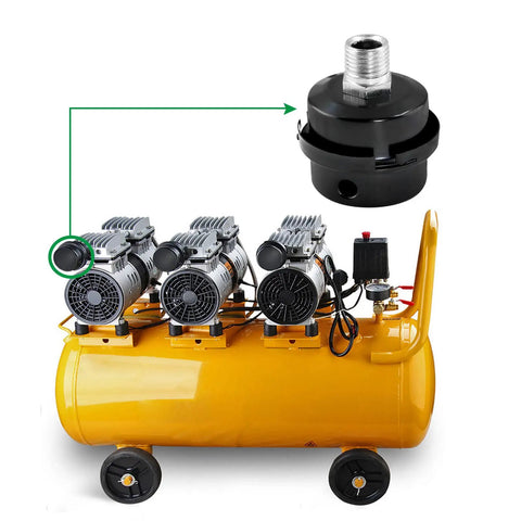 Two Pack Three Eighths Inch Air Compressor Muffler Silencer With 16mm Inlet Filter on yellow air compressor