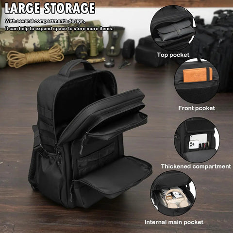 Rugged Military Tactical Backpack For Men With MOLLE Webbing open showing multiple compartments for organized storage.